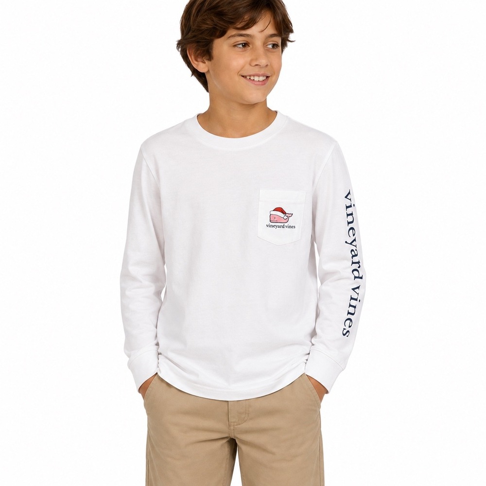 NWT Vineyard Vines T-Shirt Kids S 8-10 White Holiday Lights Whale Pkt T 3V014571